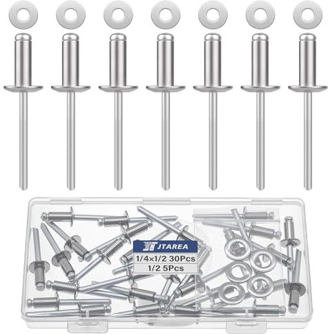 JTAREA 6,4 x 12,7 mm Rivets Aveugles en Acier Inoxydable avec Rondelle Rivets Pop Tete Large Rivet Pop à Extrémité Ouverte (Paquet de 35)