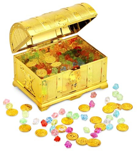 Hejo Golden Treasure Chest Kids, Pirate Treasure Chest Box, Pirate Toys for Kids with 20 Gold Coins and 100 Fake Gems, Treasures Box for Party, Decorations,Treasures Hunting