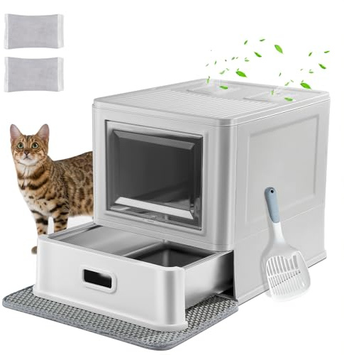Marchul Bac à Litière pour Chat, Bac à Litière Fermé en INOX avec Couvercle et Tiroir, Large, avec Chicanes Anti-Fuites, Pelle et Tapis, sans Odeur, avec Socle amélioré