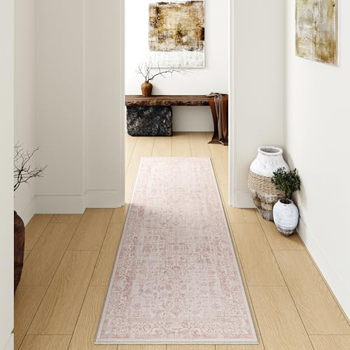 HUGEAR Vintage Löparmattor Matta 60x240cm Rosa Tvättbar Lång Mattor | Kökslöpare Golvmatta,Sovrumsmatta,Halkfri Carpet,Kort Lugg Carpets,Sovrum Rug,Matsal Rugs,Kontor,Löpare,Hall,Barnrum
