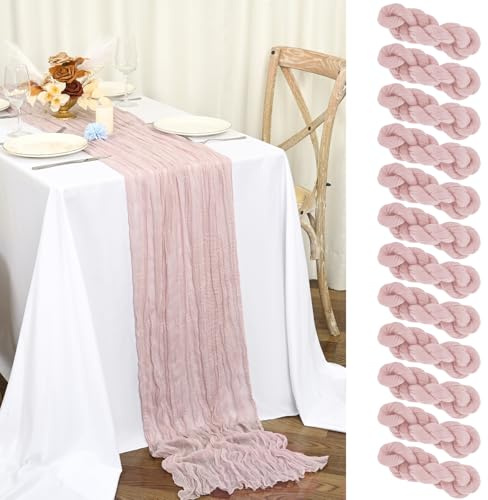 Teruntrue 12 stycken bordslöpare, rosa 55 x 300 cm, dammrosa boho-gasväv, ostduk, bordslöpare för bröllop, fest, baby shower, bruddusch, födelsedagsdekorationer