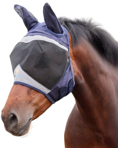 Shires FlyGuard Pro Fine Mesh Fly Mask with Ears – Full Size | Lightweight Breathable Mesh Fly & Insect Protection | Secure Fit for Turnout, Grazing & Stable Use | Navy Colour