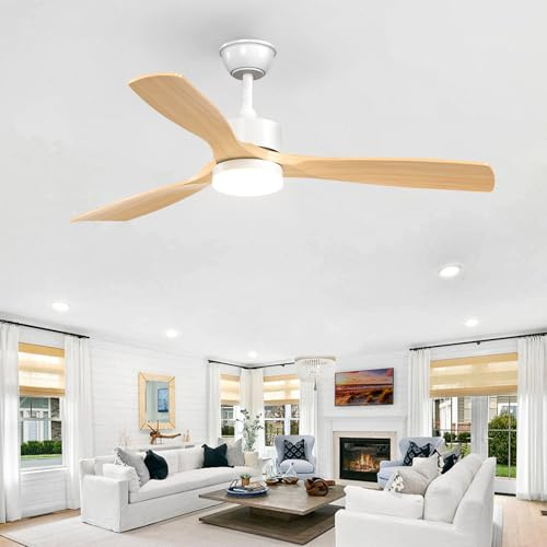 Passky Ventilador de Techo con Luz Silencioso 132cm 3 Aspas Madera Mando a Distancia Motor DC 3 Luces Regulables Modo Verano-Invierno 6 Velocidades Temporizador Interior/Exterior Blanco