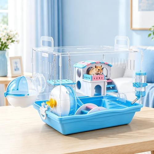 Jaula acrílica para animales pequeños, 2 niveles, con accesorios completos, casa para hámsteres, moderna casa de hámster con puerta ancha y diseño transparente, 37 x 33 x 28 cm para hámsters, ratones