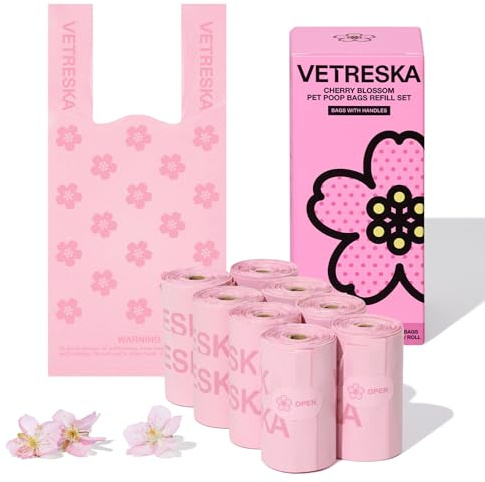 VETRESKA Hundbajspåsar med handtag, doftande körsbärsblom extra tjock läckagesäker husdjur rosa avfallspåsar, lätt att knyta stora hundavfallspåsar, 8 påfyllningsrullar 120 stycken för hundpromenader