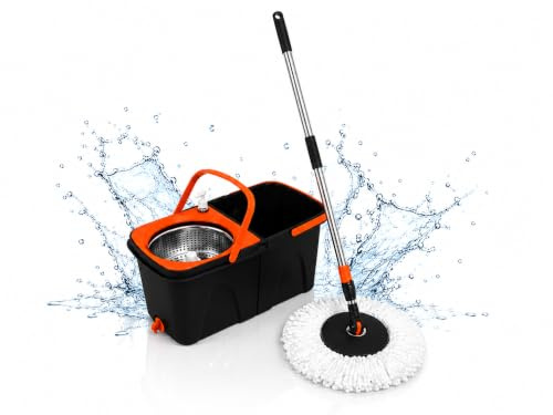 Set Mocio Lavapavimenti Rotante con DOPPIO SECCHIO Lavaggio e Asciugatura - Dispenser Incluso - Manico in Acciaio Inox - Microfibra 360° - Cestello Asciugante Inox - Sistema Salvaspazio per Pulizia