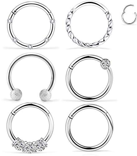 AVYRING 16G 6 Stück Chirurgenstahl Septum Nasenpiercing Hoop Clicker Ring Lippenpiercing Helix Tragus Knorpel Piercing Ohr Schmuck Innen 10MM - Silber