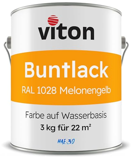 Viton Buntlack 3 Kg Gelb - Seidenmatt - Wetterfest für Außen und Innen - 3in1 Grundierung & Lack - HAE 30 - Nachhaltige Farbe auf Wasserbasis für Holz, Metall & Fliesen - RAL 1028 Melonengelb