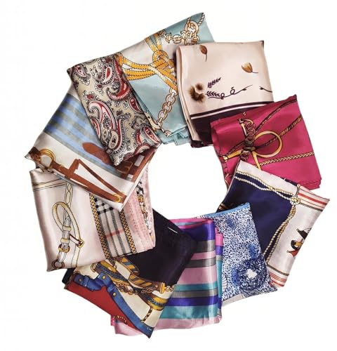 QUUPY 10 bufandas cuadradas para mujer, turbante con estampado similar a la seda, para bufanda para el cuello, pañuelos, decoraciones, etc. Color aleatorio, 50 x 50 cm