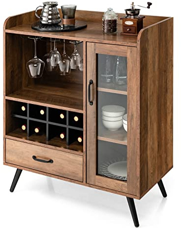 GOPLUS - Aparador con compartimentos abiertos y armarios para vino, mueble de almacenamiento industrial con armario grande y cajón, apto para cocina, salón y comedor, 80 x 40,5 x 96,5 cm, color marrón