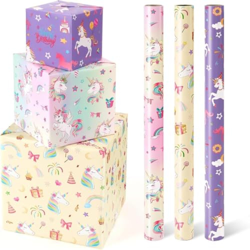 Rouleaux de Papier d'Emballage Licorne – 3 Rouleaux 43 cm x 3 m de Papier d'Emballage d'Anniversaire Licorne Rose arc-en-ciel Rouleaux de Papier pour Filles Emballage Cadeau d'Anniversaire