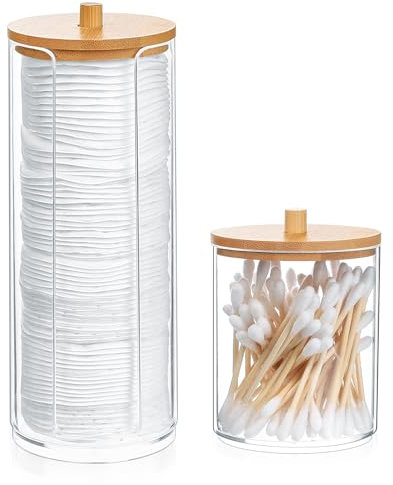Fulushouxi Gaumoeny Wattestäbchen Halter, 2 Stk Wattepadspender, Wattepad Aufbewahrungsbox mit Bambusdeckel, Kosmetik Organizer Spender Transparent für Bad Wattestäbchen Wattepad Make Up Aufbewahrung