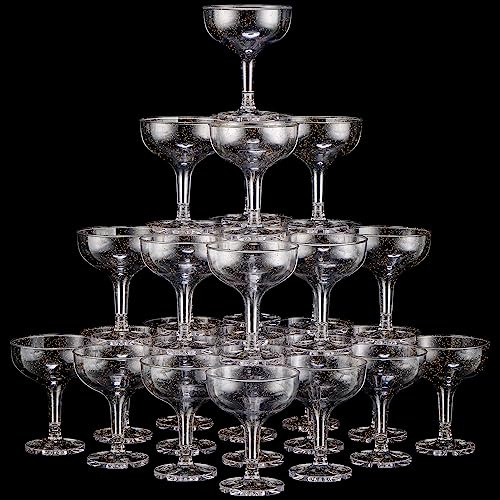 Zopeal 30 Pcs Champagne Coupe Glasses 5 oz Plastic Champagne Tower Disposable Martini Glasses Stackable Stemmed Margarita Coupe for Wedding Birthday Valentine's Day Party Bar(White,Gold Glitter)
