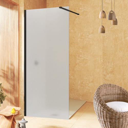 SOULHOME Mampara Panel Fijo Translucido, Fácil instalación Vidrio MATE Arenado de seguridad 8 mm antical, 90 cm ancho x 200 cm alto, Perfil Negro