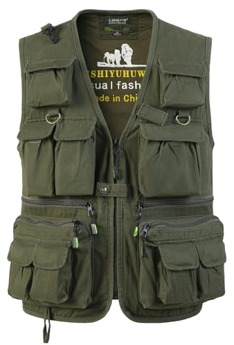SUSHIMIAN Chaleco de Pesca con Múltiples Bolsillo para Hombre Chaleco Tip Safari Chaqueta Sin Mangas de Caza Chaleco de Fotografía, Verde, L