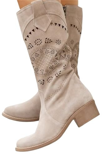 LDXEQIZ Botas Camperas De Mujer Boots Vintage De Media Caña De Ante Botines con Abertura Floral Y Tacón Cuadrado Boots De Caballero con Cremallera Lateral(Beige,43 EU)