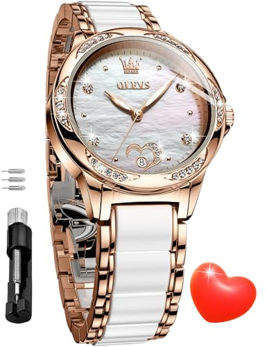 OLEVS Automatische Armbanduhr für Damen, selbstaufziehend, Diamant-Armbanduhr für Damen, Luxus-Dressuhr, Roségold-Keramik-Uhr für Damen, Liebesherz-Datum