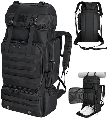 Ogetok 80L Hiking Backpack Camping Rucksack With Shoe Pocket, 80 liters Large Capacity Outdoor Knapsack Travel Climbing Mountaineering Trekking Carry On Bag Backpacking for Men Women, Black