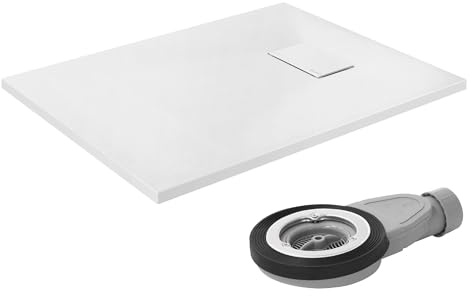 LuxeBath 90x70 cm vit SMC duschkar extra platt robust rektangulärt lågprofil design halksäker skifferlook med avloppsgarnitur sifon och modern stil enkel montering idealisk för inbyggd dusch