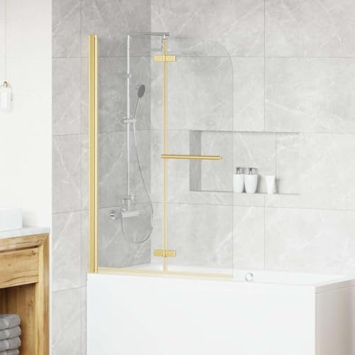 Kaloriko Mampara de ducha transparente y dorada de cristal de seguridad, aluminio 95 x 140 cm, puerta de ducha plegable con función giratoria, ancho ajustable, protección contra salpicaduras para