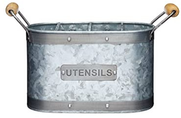 Industrial Kitchen Soporte de Utensilios de Cocina de Acero Galvanizado, 27,5 x 11 x 17 cm, Gris / Marrón