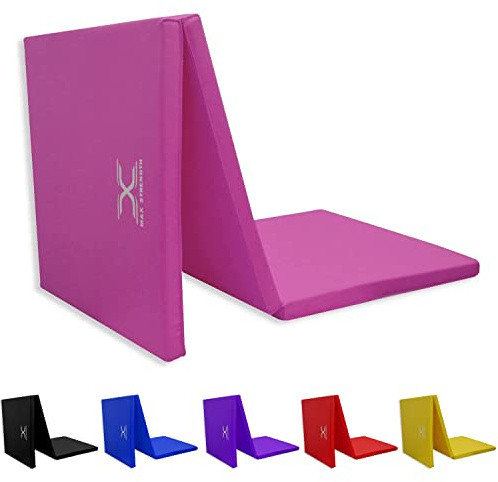 MAXSTRENGTH Gymnastics Tri Folding Exercise Mats 6ft Long – Non Slip - High Density 5cm Thick Foam - Soft PU Leather - Carry Handles - Gym Yoga Pilates Floor Workout Equipment (Pink)
