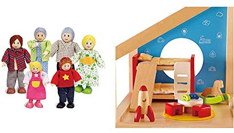 Hape E3500 - Puppenfamilie, helle Haut & E3456 - Kinderzimmer