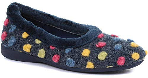 Pavers Ladies Playful Wooly Design Slippers in Navy Multi - Non-Slip Sole - Statement Contrast Pom Poms for Indoor Elegance - Size UK 7 / EU 40