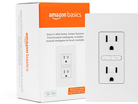 Amazon Basics Smart In-Wall Outlet, Works with Alexa Only, Individually Controlled Outlets, Voice Control, WiFi, 15 Amps, 2.4 GHz, No Hub Required, White
