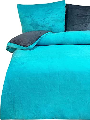 one-home Winter Bettwäsche 200x200cm Teddy Plüsch Nicki Uni Petrol warm Fleece Doppelbett