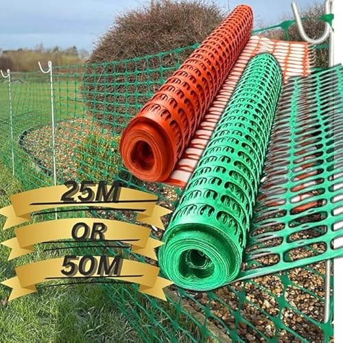 Smith & Barker Barrier Fencing Mesh Roll 130gsm Temporary Garden Outdoor Dog Fence Building Site Plastic 25M 50M Netting Pins Stakes Shepherds Crook (15M Orange)