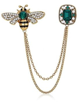 Broche épingle de col abeille avec strass cristal et chaîne à pompon pour cravate de mariage, chapeau et écharpe - Badge émeraude vintage - Bijoux pour hommes et femmes