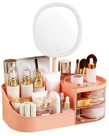 DASITON Sminkarrangör med uppladdningsbar spegel, sminkbord med stor kapacitet, med 2 lådor, hudvård och kosmetika förvaringsbox för sminkbord, skrivbord, badrum, bänkskiva (rosa)