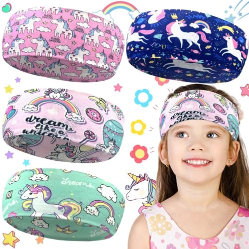 Soundzero 4 Piezas Cinta Elástica Pelo, Diademas de Unicornio para Niñas, Diadema Transpirable Verano, Estampada Cintas Pelo Mujer, Diademas Elásticas Niña, Para Niños 6-15 Años(Unicornio)