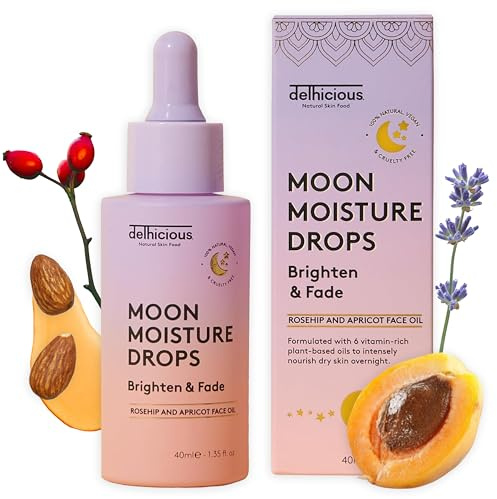 Delhicious Anti-Ageing Overnight Face Oil Drops - Hydrating Face Serum & Scar Treatment - Nourishing & Brightening - Moon Moisture Face Drops - Apricot & Rosehip Oil - Natural, Vegan, Ayurveda - 40ml