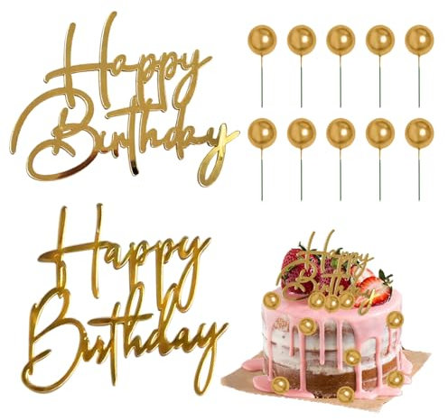 Lot de 2 décorations de gâteau « Happy Birthday », 10 boules de gâteau, décoration de gâteau latérale, plaque acrylique scintillante, autocollants de décoration de gâteau, pour gâteaux, pâtisseries