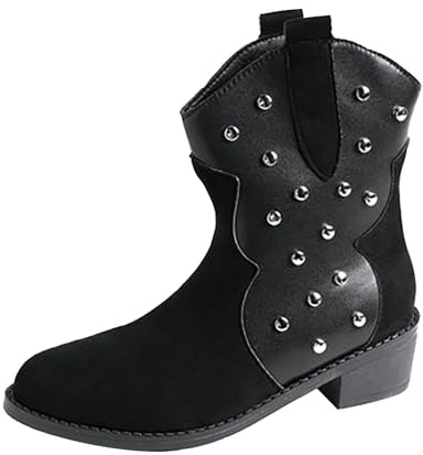 Botines de vaquero de piel para mujer, con remaches, tacón bajo, botas de equitación, botas de equitación, botas de equitación puntiagudas, de piel sintética, botas Chelsea, botas de moto, Bk1, 43 EU