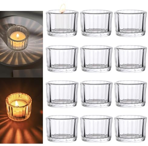 YBCPACK 12 Pack Clear Tea Light Candle Holder, Glass Votive Candle Holders for Home Decor, Wedding & Party Supplies