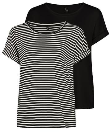 ONLY T-shirt Donna Blusa Top ONLMOSTER Confezione da 2 Vestibilità Regular Girocollo Basic Maglietta a Maniche Corte a Righe Marrone Blu Rosa Verde Nero XS S M L XL XXL, M