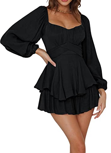 RUIWANBBY Women's Summer Short Puff Sleeve Mini Dress Off Shoulder Smocked Tiered Ruffled Solid Color Casual A Line Sundress