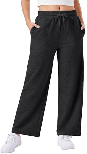 Friptspyg Damen Hosen mit Taschen Jogginghose Fitness Freizeithose Weites Bein Sweatpants mit Elastische Gürtel Drawstring, Schwarz L
