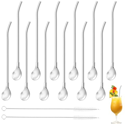Pajitas con Cucharas & Pajitas de Acero Inoxidable – Set de 12 Piezas 2 en 1, Reutilizables, con Cepillo de Limpieza, para Latte Macchiato, Cócteles y Bebidas
