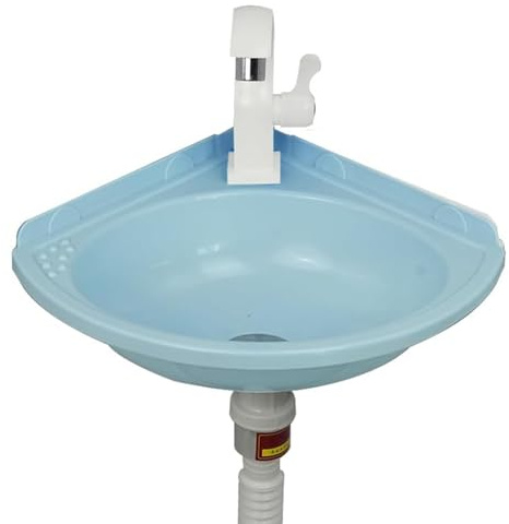 Wall Mounted Corner Washbasin Made of Plastic, Space-Saving, Blue Sink with Drain Fitting, 1 Basin, Small Corner Hand Washbasin, Wash Bowls for Motorhome, Bathroom, Toilet