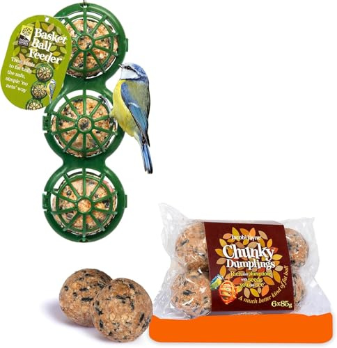 Fat Ball Feeder with Fat Balls - Jacobi Jayne® Basketball™ Bird Feeder with Chunky Dumplings™ suet balls - Bird Feeders Hanging Station for High Energy Suet