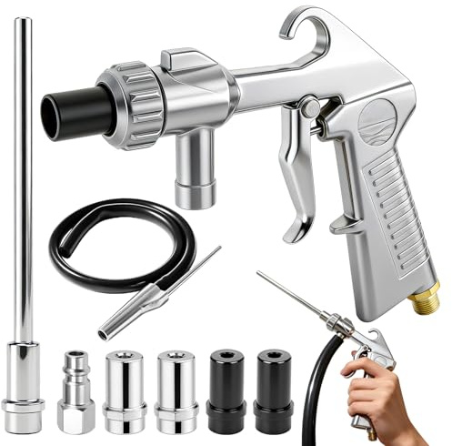 Juego de pistola de chorro de arena con boquilla larga de chorro de arena y boquillas metálicas de calibre 5 mm/6 mm, kit de pistola de chorro de arena con suministro de sifón, manguera de goma de 1 m