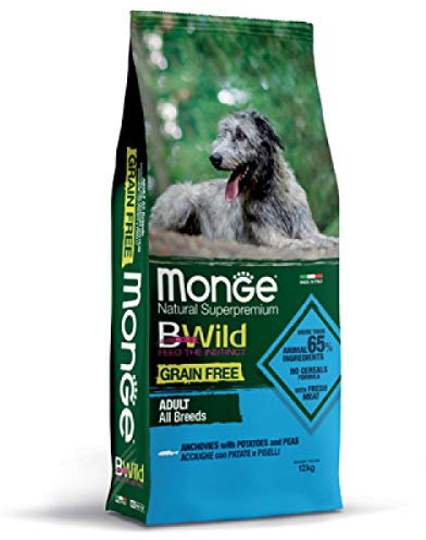 MONGE GRAIN FREE ADULT 12 KG (ACCIUGHE, PATATE E PISELLI) - Crocchette Super Premium alle Acciughe per cani adulti, monoproteico, naturale al 100%