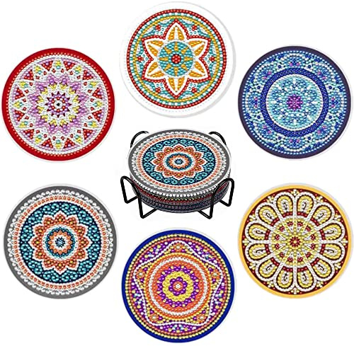 6PCS Diamond Painting Coasters With Holder,Coasters for Drinks,Coasters for Coffee Table Absorbent,Diamond Art Coasters for Drinks
