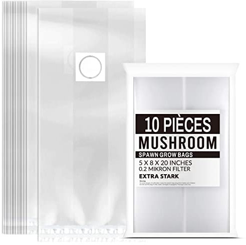 Moollyfox Lot de 10 Sacs de Culture de Champignons, 32 x 50cm PVC Mushroom Spawn Grow Bag avec Filtre de 0.2 Microns, Indéchirables Sacs de Culture pour Horticulture, Tente de Culture, Serre