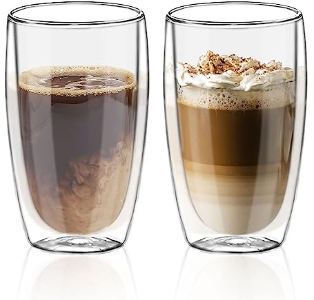 LYTDMSKY Double Wall Glass Coffee Mugs Set of 2, 15oz/440ml Insulated Glass Mugs for Hot Beverages, Large Clear Coffee Cups for Espresso, Tea, Latte, Cappuccino