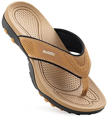 HAOLIRA Chanclas de cuero para hombre con soporte de arco, cómodas sandalias acolchadas ligeras, impermeables, para exteriores, verano, playa, piscina, Leonado, 43 EU